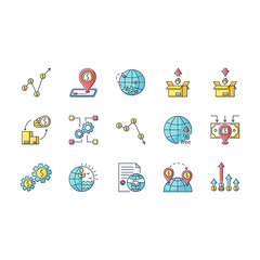 Global trade RGB color icons set. World economics, investment and income. Export and import, business assets and natural resources. Isolated vector illustrations