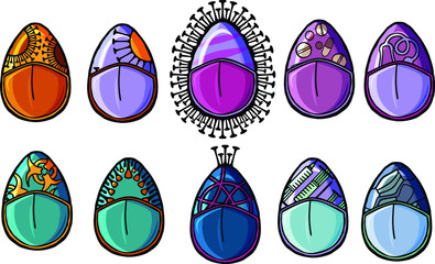 Holiday in quarantine. Happy easter isolated eggs drawn with the pattern of the branches of the caronovirus infection Coronavirus 2019-ncov flu infection. Patterns of syringes, injections