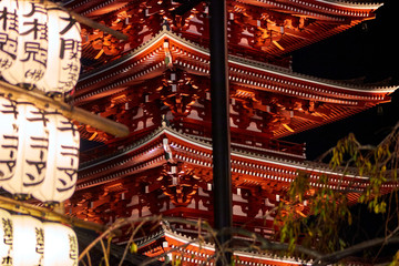 Lanterns with Japanese kanji and pagoda in the background at night