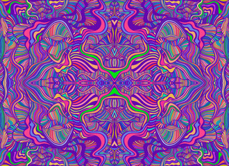 Psychedelic trippy abstract mandala with wavy ornaments, rainbow multicolor texture.