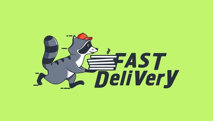 The Running raccoon with pizza box with fast delivery text. Funny character, logotype