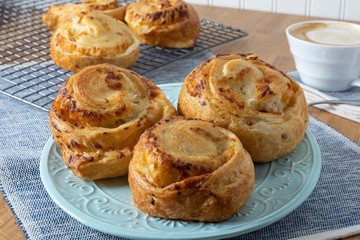 Cheese buns breakfast with coffee. 
