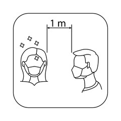 People in protective masks, graphics on the theme of coronavirus. Distance between people. Monochrome icons in thin line style. How to wear a surgical mask properly, virus outbreak prevention.