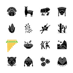 Peru black glyph icons set on white space. Peruvian sights, culture, nature, cuisine. Traveling in Latin America. Alpaca, guinea pig, siku, ceviche. Silhouette symbols. Vector isolated illustration - obrazy, fototapety, plakaty