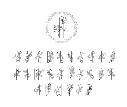Summer or spring floral font logo. Floral vintage uppercase alphabet logo. Wedding invitation template, Elegant letters with branch of tree