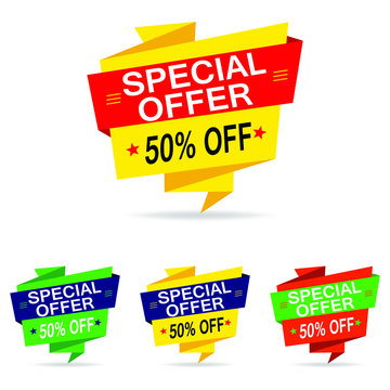 Sale banner collection, discount tag, special offer. Yellow, red, Green, Orange and Purple website stickers, web page design.Vector illustration, EPS10