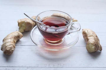 green tea with ginger on table, top view 