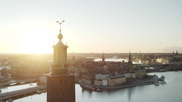 Aerial drone view over Stockholm at sunset