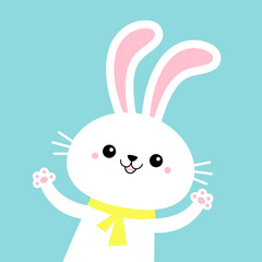 Rabbit bunny waving paw print hands. Yellow scarf. Cute kawaii cartoon funny smiling baby character. White farm animal. Happy Easter. Blue background. Isolated. Flat design