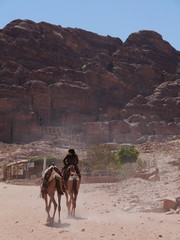 two camels in front of the famous Royal Tombs of Petra, UNESCO world heritage, Wadi Musa, Jordan,...