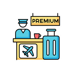 Premium airplane reservation RGB color icon. Luxury lounge area for comfortable waiting. Airline services helpdesk. Checked luggage, baggage near counter. Isolated vector illustration