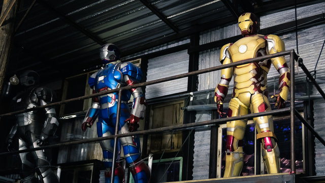 Bangkok, Thailand - August 26, 2019 :  Iron Man model in ChangChui, Sirindhorn Rd, Bang Phlat, Bangkok  Thailand figure of Avengers, Marvel Studios, Superheroes products.
