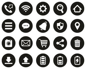 Mobile Phone Or Smartphone Icons White On Black Flat Design Circle Set Big
