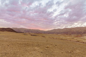 Sunset view of landscape and rock formations, Timna Valley