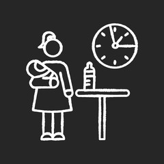 Part time babysitter chalk white icon on black background. Babysitting service worker. Girl looking after baby. Day child care. Help with infant kid. Isolated vector chalkboard illustration