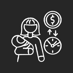 Babysitter pay rate chalk white icon on black background. Income from babysitting services. Earn money for child care. Woman with infant baby. Isolated vector chalkboard illustration