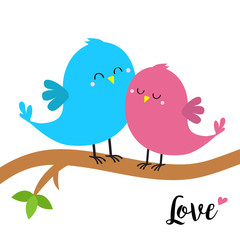 Two birds sitting on the tree branch. Word Love. Bird hugging set. Happy Valentines day. Pink heart. Cute cartoon kawaii funny baby character. Blue purple color. Flat design style. White background.