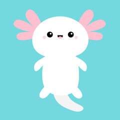 Cute axolotl. Mexican salamander. White axolotyl. Ambysoma mexicanum. Cartoon kawaii funny smiling baby character. Water dragon. Pink horns. Flat design. Blue background. Isolated.