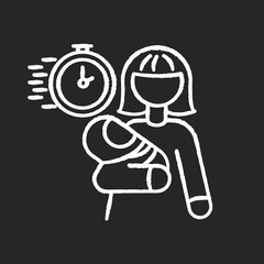 Emergency babysitter chalk white icon on black background. Babysitting service worker. Urgent day care help. Quick assistance with infant. Woman with kid. Isolated vector chalkboard illustration