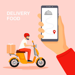 Vector illustration of young man courier delivery services with box. Fast delivery by scooter on mobile. Online food order. Male with location. Delivery concept