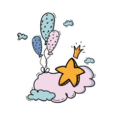 Cute star illustration on clouds. Balloons, holiday, birthday. Vector illustration.