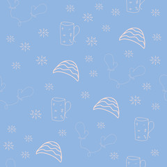 Vector background. Seamless pattern with winter hat mug and mittens. Warm winter hat mug and mittens in doodle style. Vector hand drawn illustration
