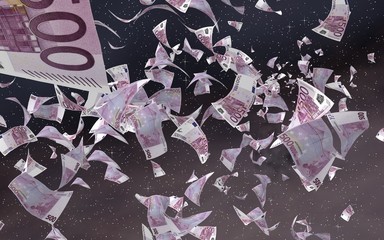 Naklejka premium Flying euro banknotes on a outer space starry background. Money flying in the outer space. 500 EURO in color. 3D illustration