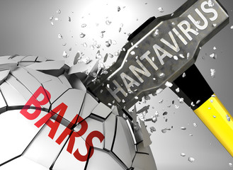Bars and hantavirus, symbolized by virus destroying word Bars to picture that hantavirus affects Bars and leads to crisis and  recession, 3d illustration