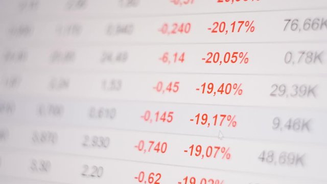Stock market crash, figures changing on ticker display, global economic crisis.