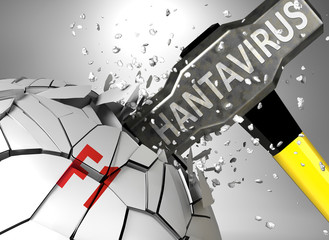F1 and hantavirus, symbolized by virus destroying word F1 to picture that hantavirus affects F1 and leads to crisis and  recession, 3d illustration