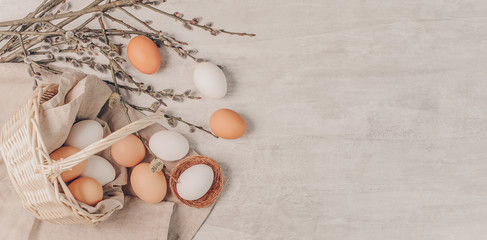 Easter eggs in basket and white easter egg in nest on grey wooden background, rustic style. Banner...