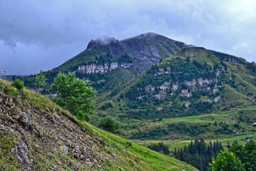 La Clusaz, France - August 9th 2017 : Mountain landscape taken near the hamlet la Clusaz, at 10 km...