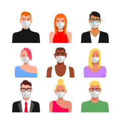 People icon set with protective masks