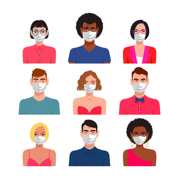 People icon set with protective masks