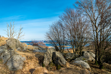 Rocks and bare trees on top of the hill while walking on a short hike in Tananger suburb with Hafrsfjord view on background, Norway, March 2018