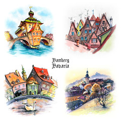 Set of watercolor travel sketches of Old Town of Bamberg, Bavaria, southern Germany