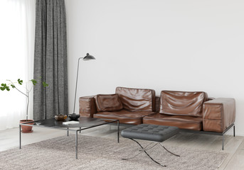 Living room with brown leather sofa