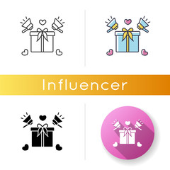 Product promotion icon. Special offer. Gift box with ribbon. Advertisement and marketing. Shopping campaign. Exclusive giveaway. Linear black and RGB color styles. Isolated vector illustrations