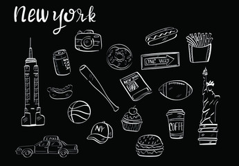 New york, usa, chalk , travel, fashion, food vector isolated on black background. Concept for logo, icon, cards 