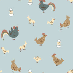 Chicken seamless pattern.  Cute farm pattern for kids on blue background. Cartoon chicken, hen, chick, egg, rooster for wrapping paper, fabric, textile, wallpaper, home decor