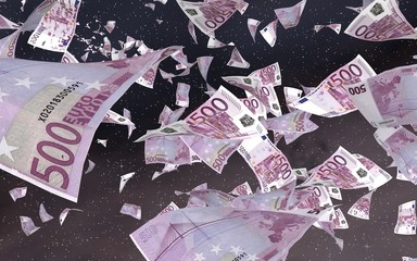 Flying euro banknotes on a outer space starry background. Money flying in the outer space. 500 EURO in color. 3D illustration