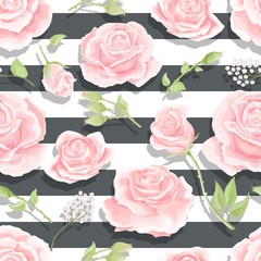 Pink roses seamless vector pattern with brushed stripes background