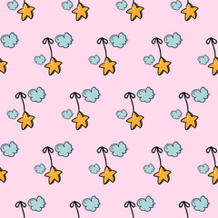 Aerial cute clouds on a starry pink sky. Hand-drawn character color vector seamless pattern. Cute characters stars cartoon texture. Sky over scandinavia illustration. Great for wrapping paper, textile