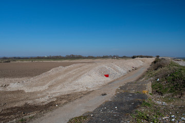 New temporary sea defence at Climping Beach England after winter storms damaged the old sea defences. 