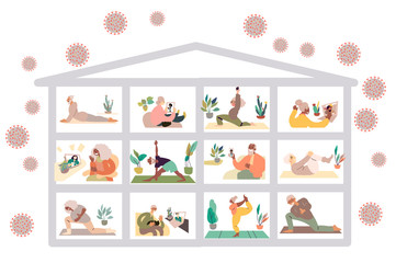 Various people staying at home for quarantine with the virus outside. Vector art in minimal flat style.