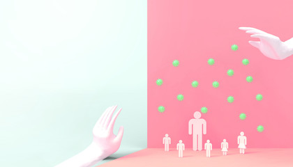 Protect Virus Pathogens the disease from the hands and concept of preventing germs from people in the community  on Blue -  Pink   background - 3d rendering