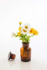 Wild flowers in medical brown glass container isolated on white background