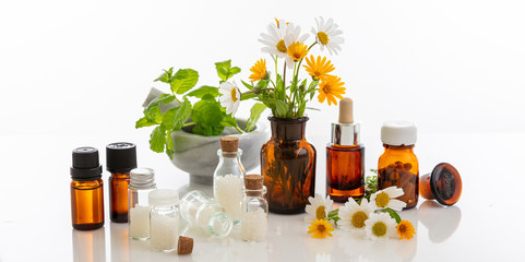 Wild flowers and herbs, medical glass containers isolated on white background