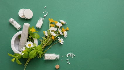 Fototapeta Homeopathy, globules and herbs on green background obraz