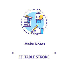 Make notes concept icon. Degustation event, winetasting tips, sommelier advice idea thin line illustration. Writing down preferred wines. Vector isolated outline RGB color drawing. Editable stroke
